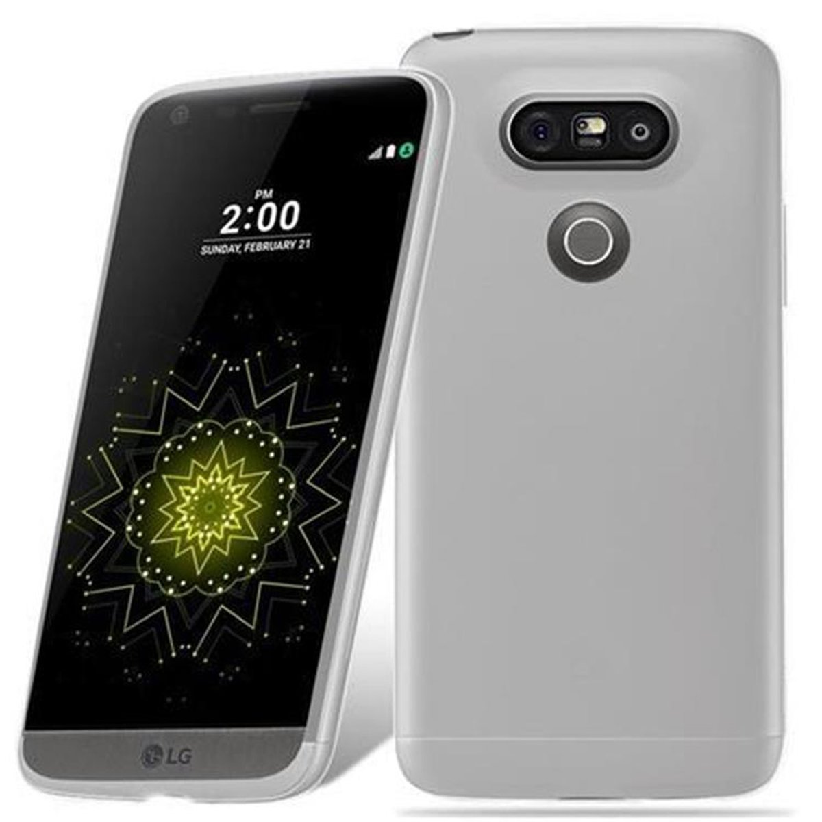 Ein weißes Telefon mit einem hellgrauen Gehäuse. Das Telefon befindet sich links und das Gehäuse rechts. Der Telefonbildschirm ist an.