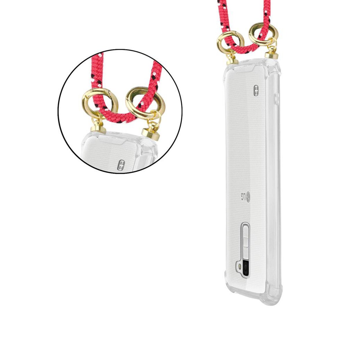 Transparente Handyhülle mit rotem Lanyard. Rotes Lanyard, goldene Ringe. Telefon sichtbar.