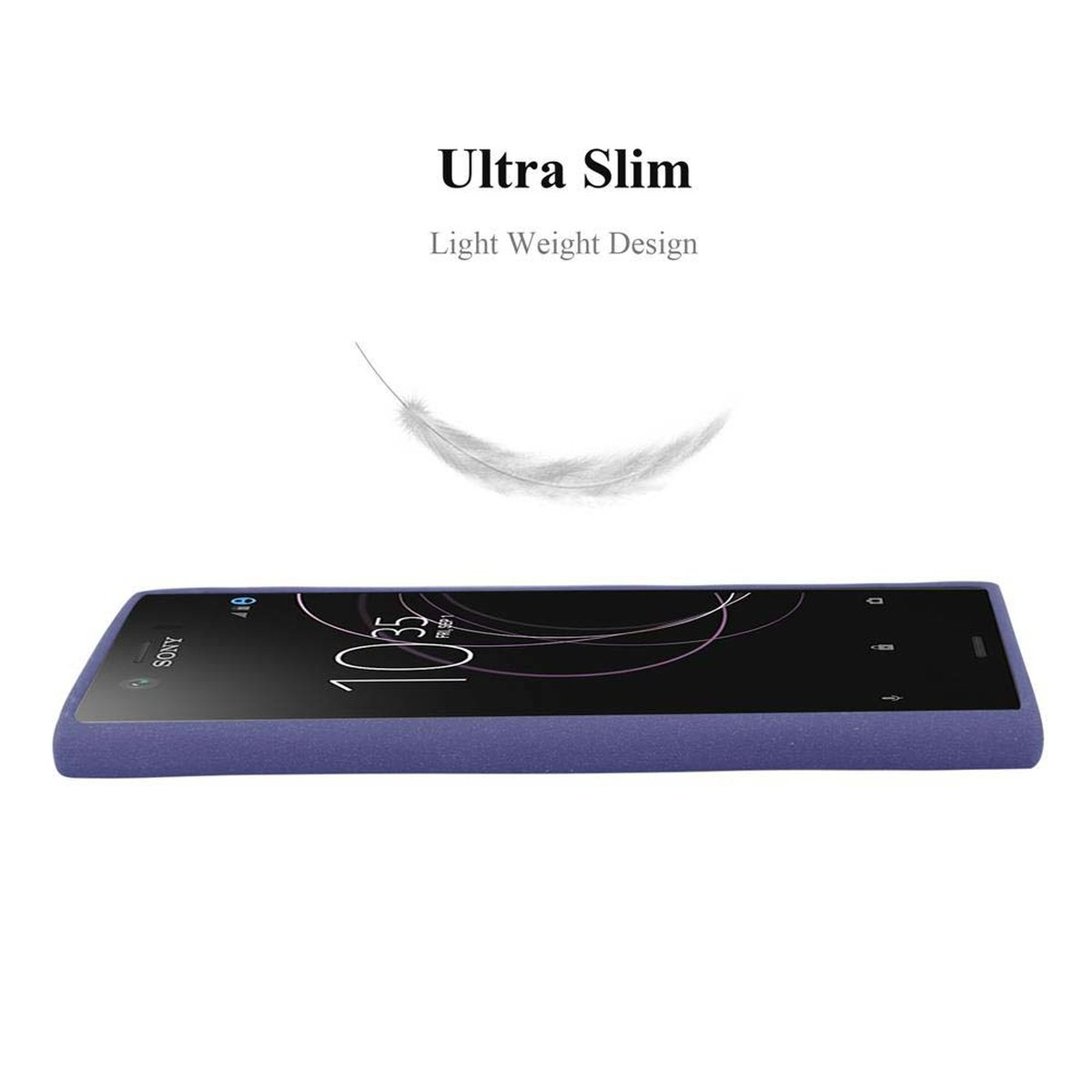 Un telefono in una custodia viola, ora visualizzata sullo schermo, e una piuma sopra.