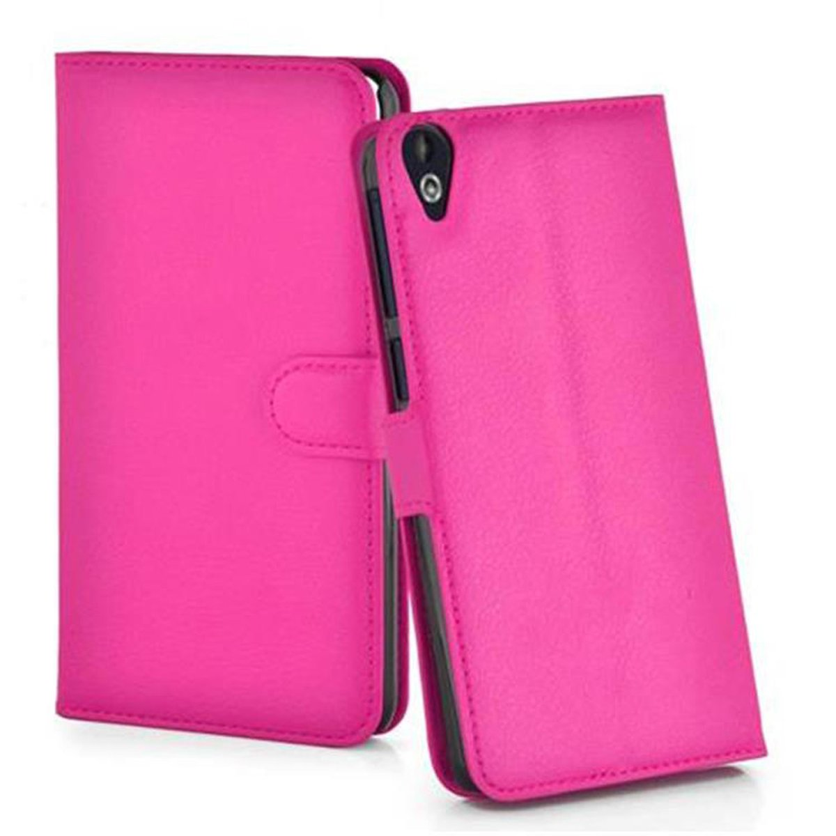 Custodia per telefono rosa. La custodia è chiusa, mostra un bottone.