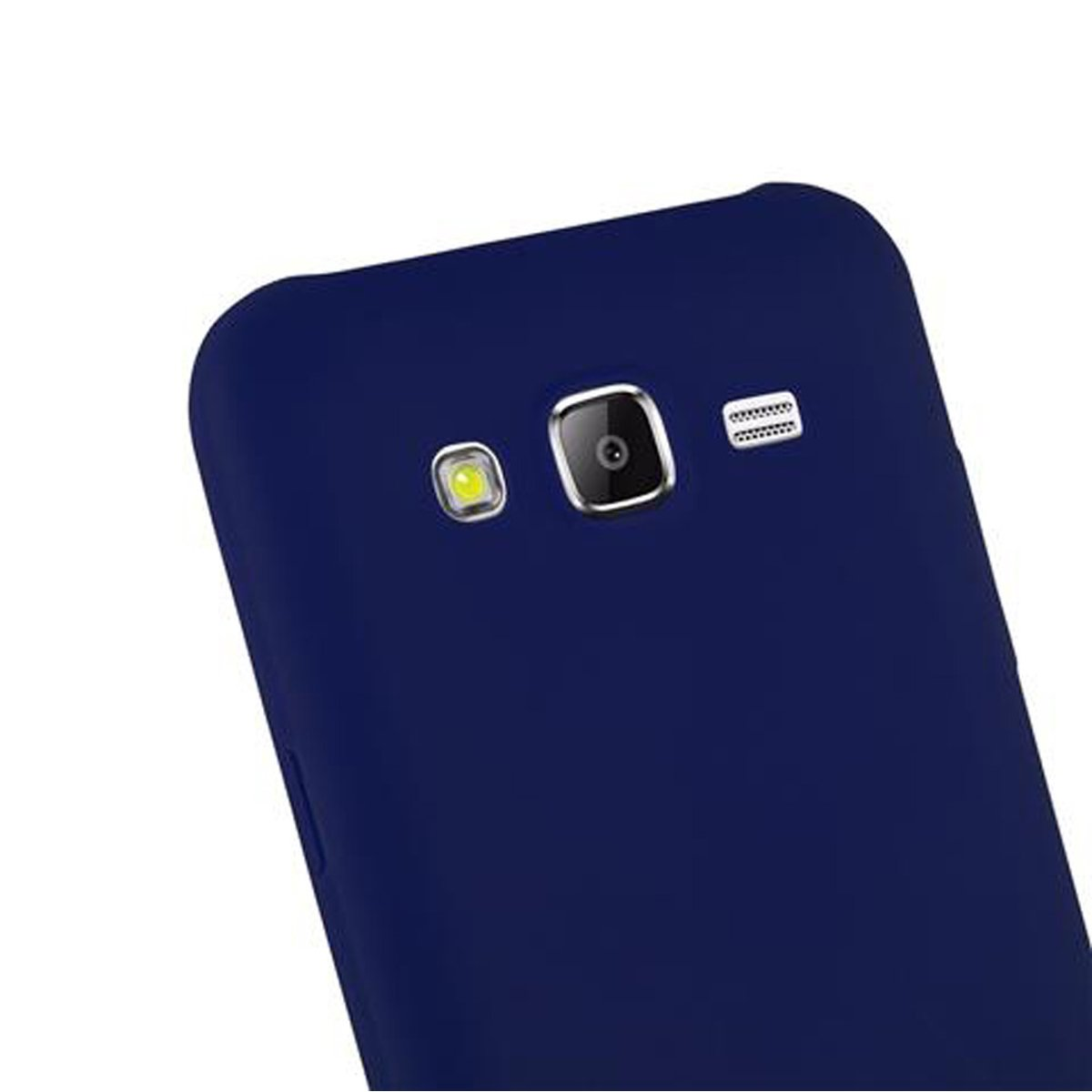 Una funda de teléfono azul marino con cámara, flash y otras aberturas.