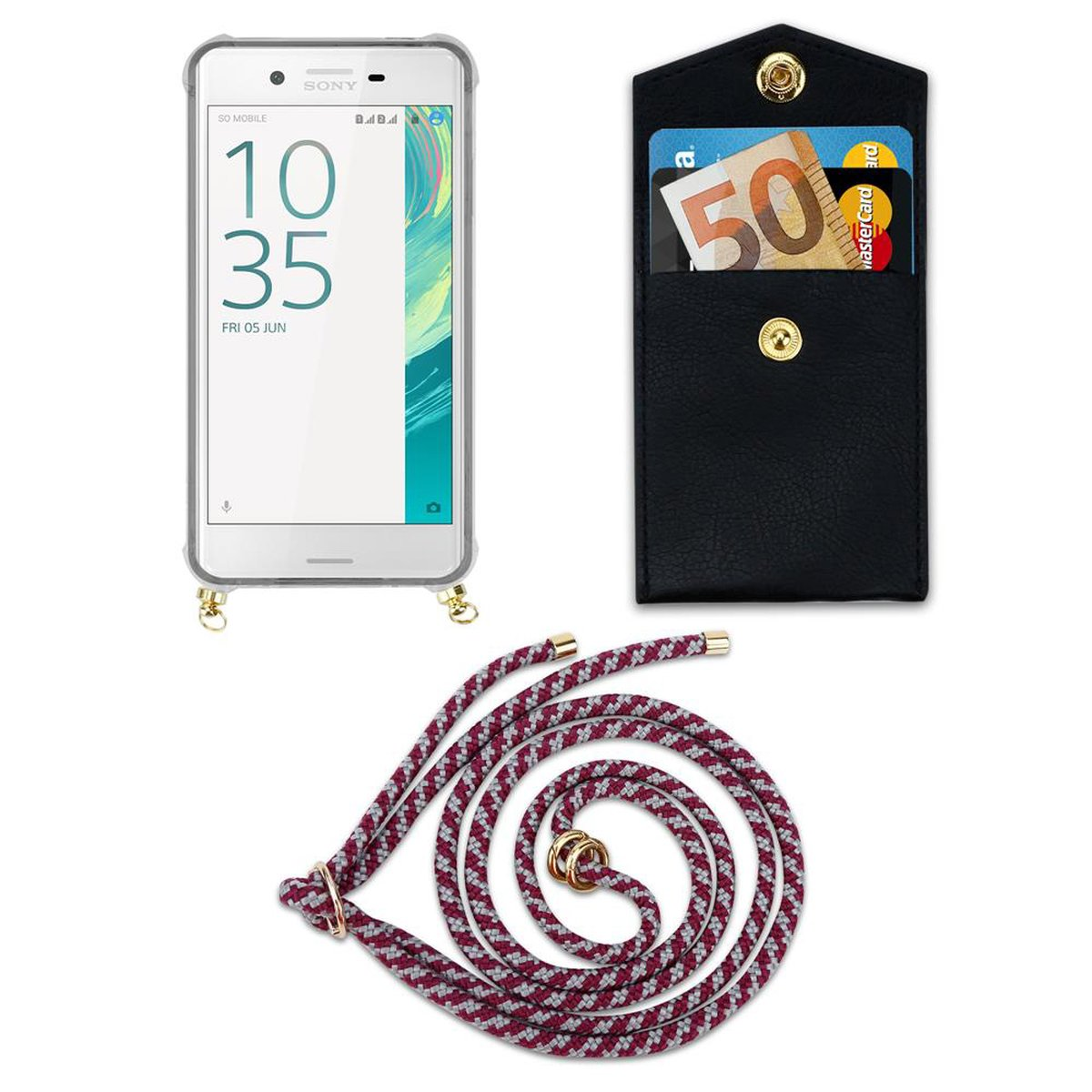 WEIß Backcover, CADORABO X, Hülle, ROT und Kordel Band Handy Sony, abnehmbarer mit Xperia Gold Kette Ringen,