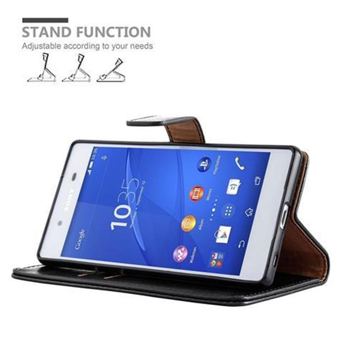 Telefono in una custodia di pelle nera. La custodia può essere utilizzata come supporto. Testo: Funzione supporto.