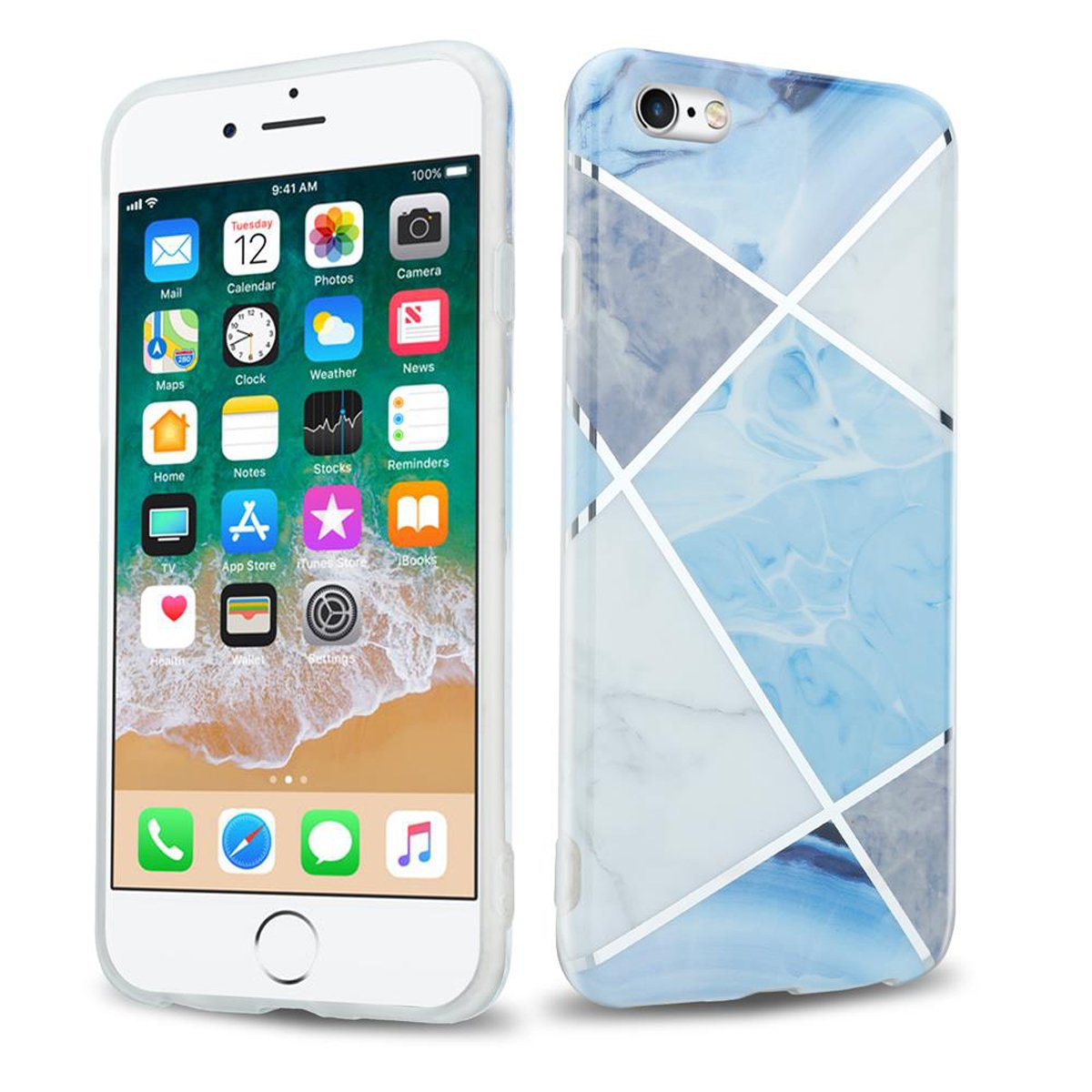 Weißes iPhone mit zwei Hüllen. Eine Hülle ist weiß, die andere blau-marmoriert mit weißen Streifen.