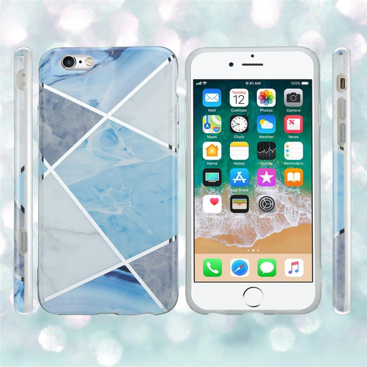 Ein iPhone in einer marmorierten Hülle, mit Seiten- und Rückansichten, vor verschwommenem Hintergrund.