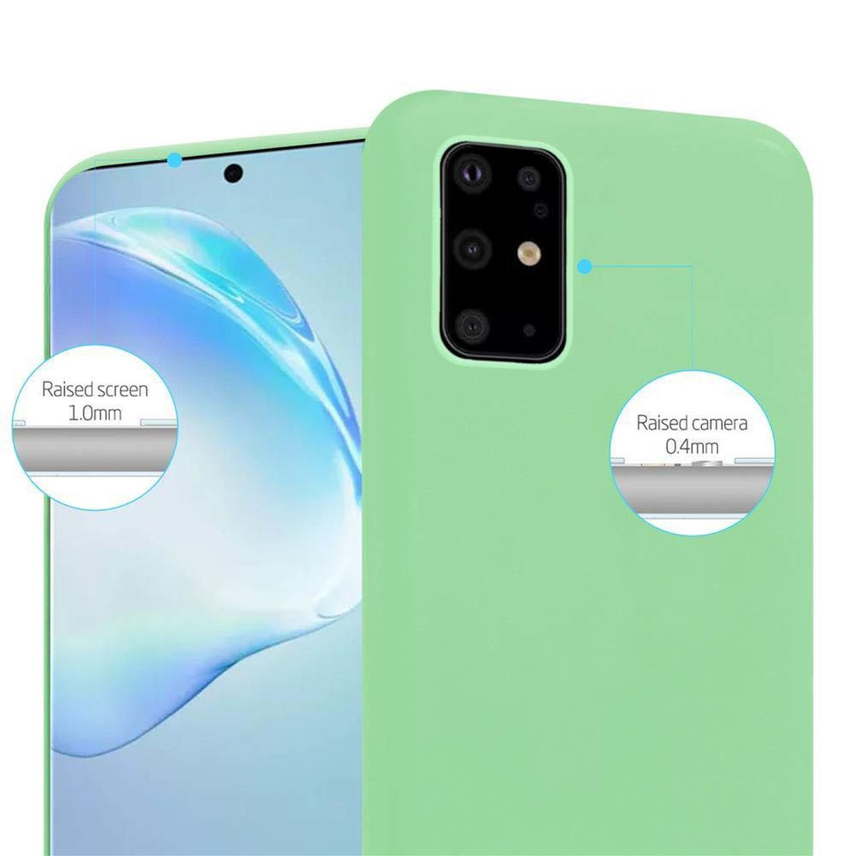 Custodia verde con telefono dentro, mostrando schermo e fotocamera rialzati con etichette.