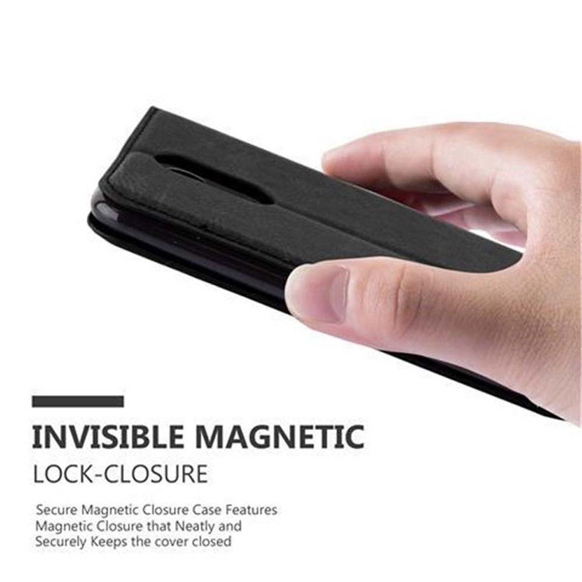 Mano sosteniendo una funda negra con texto: Cierre magnético invisible.
