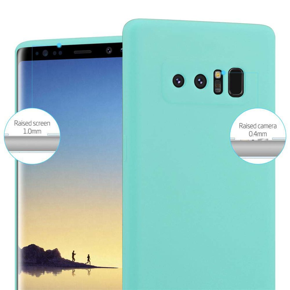 Una custodia per telefono verde acqua con un telefono all'interno. Mostra i dettagli di protezione dello schermo e della fotocamera rialzati in cerchi bianchi.