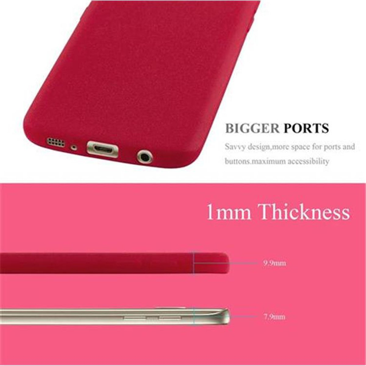 Custodia per telefono rossa con testo: PORTE PIÙ GRANDI e spessore 1 mm. Telefono su sfondo rosa.