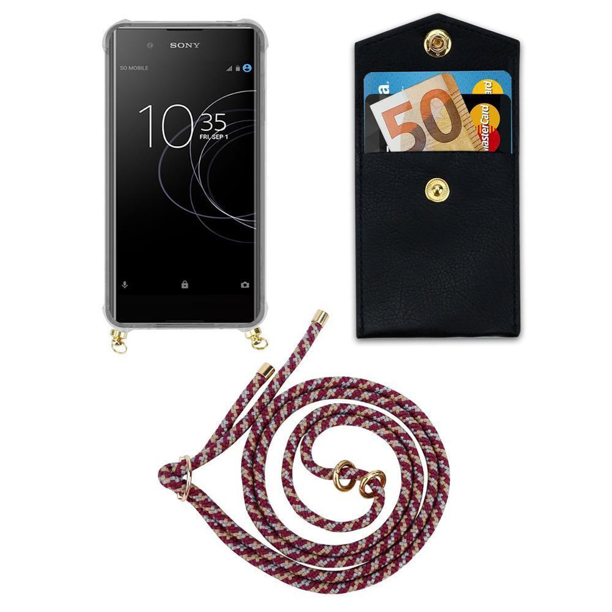 CADORABO Handy Kette WEIß ULTRA, Xperia ROT und Ringen, Gold abnehmbarer Backcover, mit Band GELB Kordel XA1 Hülle, Sony