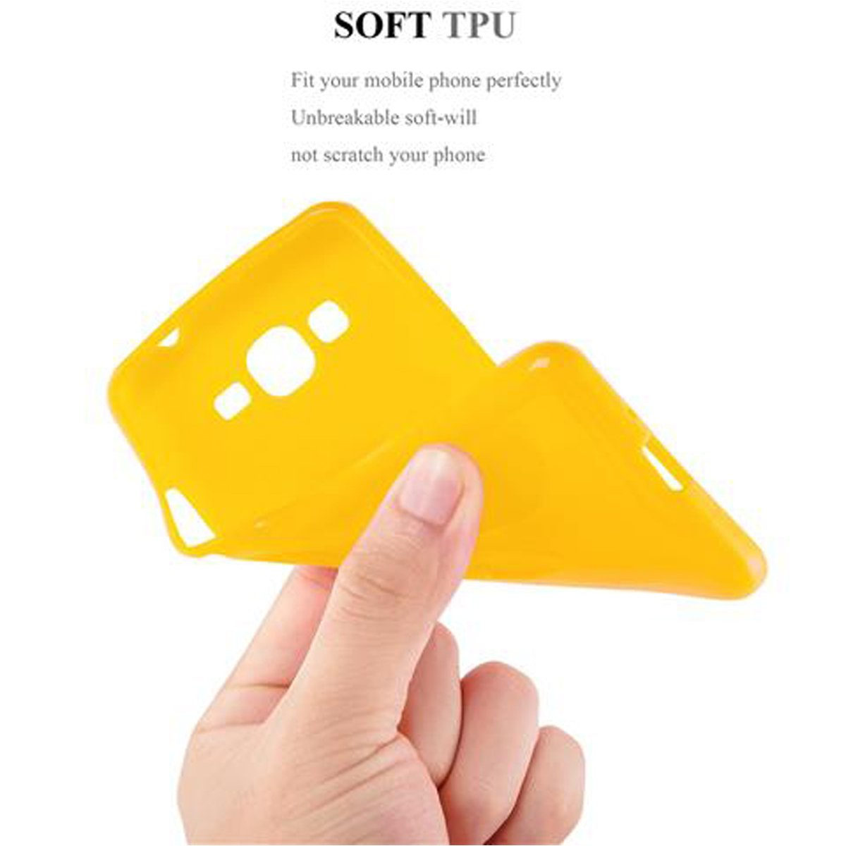 Una mano sosteniendo una funda amarilla para teléfono. La funda está vacía.