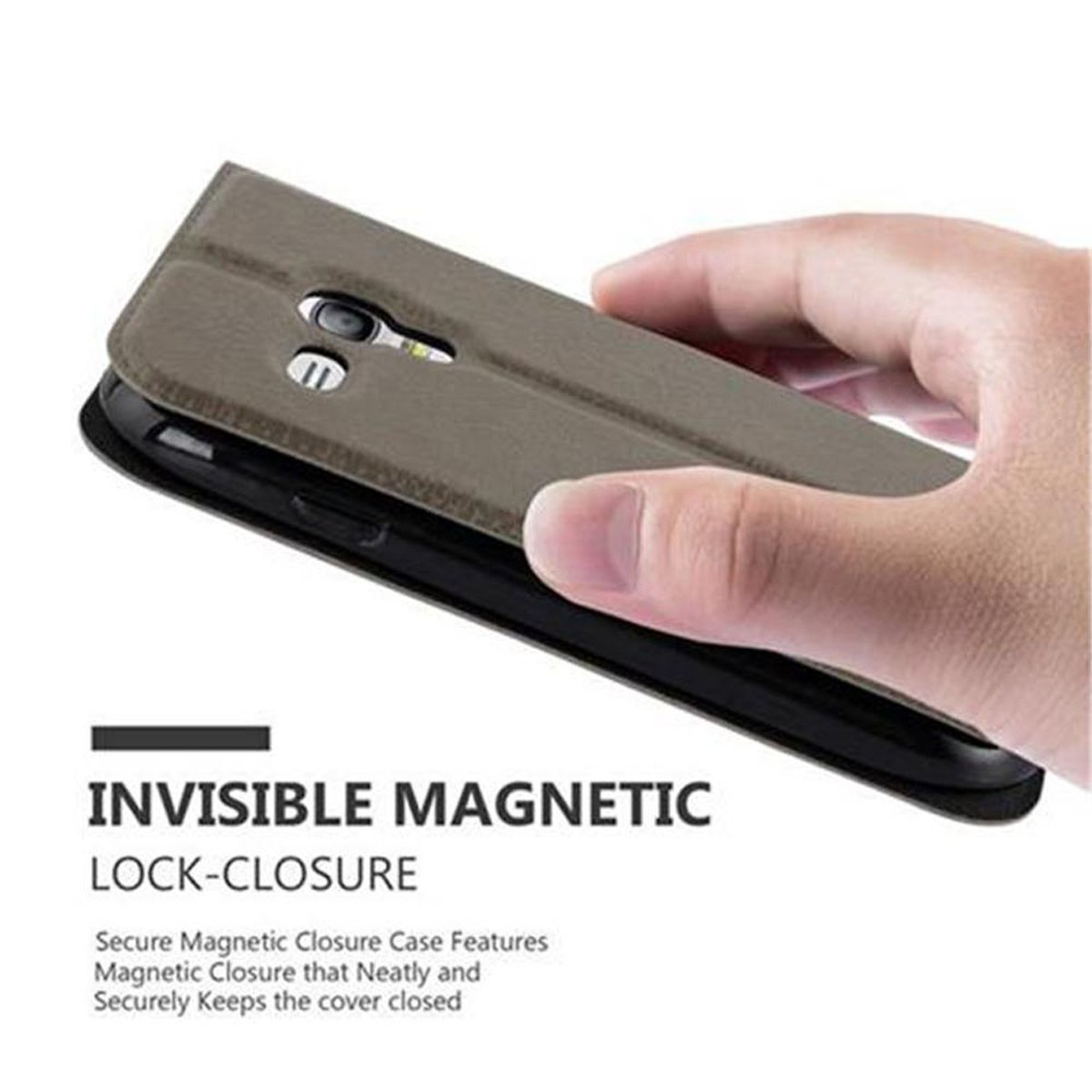 Mano che tiene una custodia per telefono, testo: INVISIBLE MAGNETIC LOCK-CLOSURE.