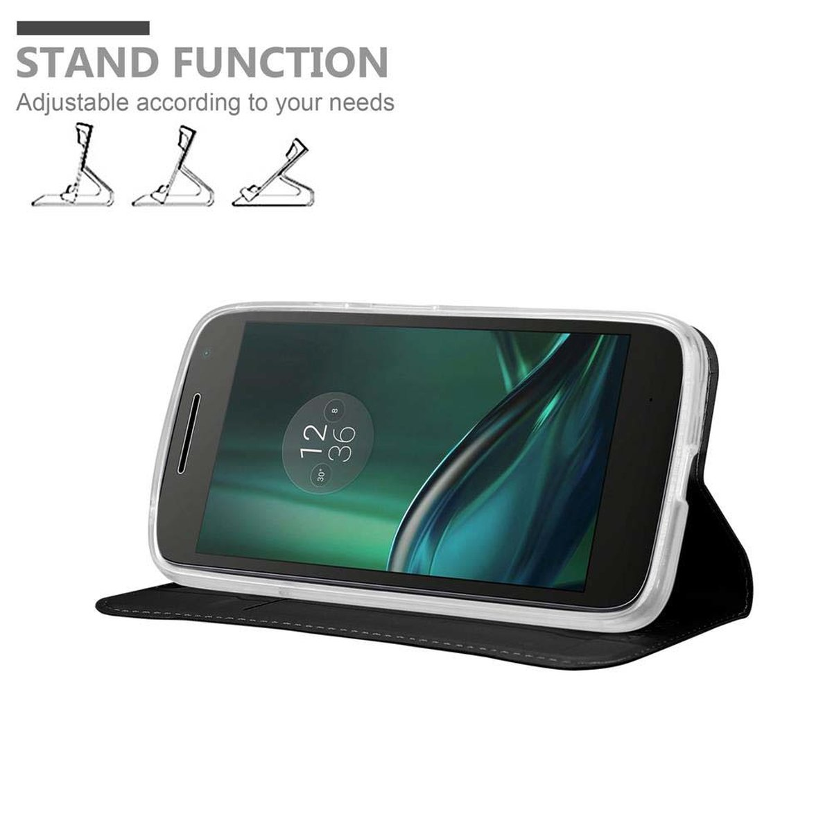 Telefono in custodia, aperto, funzione supporto con illustrazioni. Testo: Regolabile in base alle tue esigenze.