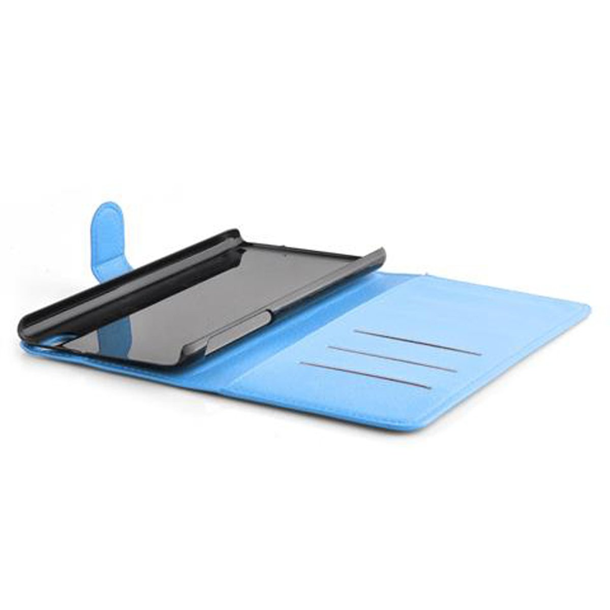 Eine blaue Handyhülle ist geöffnet. Die Innenseite der Hülle ist schwarz. Die Hülle hat Schlitze für Karten.