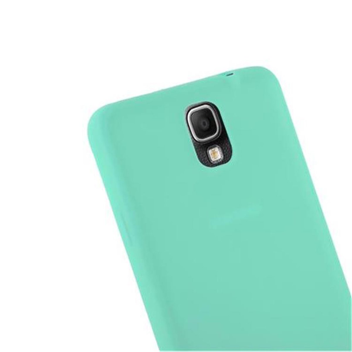 Funda de teléfono verde claro. Cámara y flash visibles en la funda.