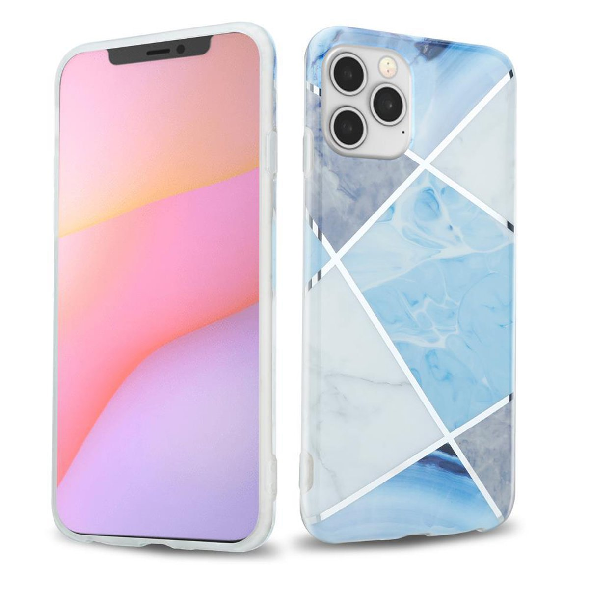Uno smartphone con una custodia blu e bianca fantasia. Lo schermo è acceso con uno sfondo rosa e viola.