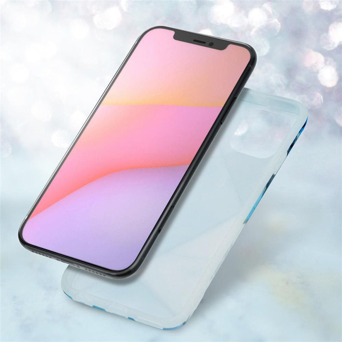 Un telefono con schermo rosa e viola e una custodia trasparente.