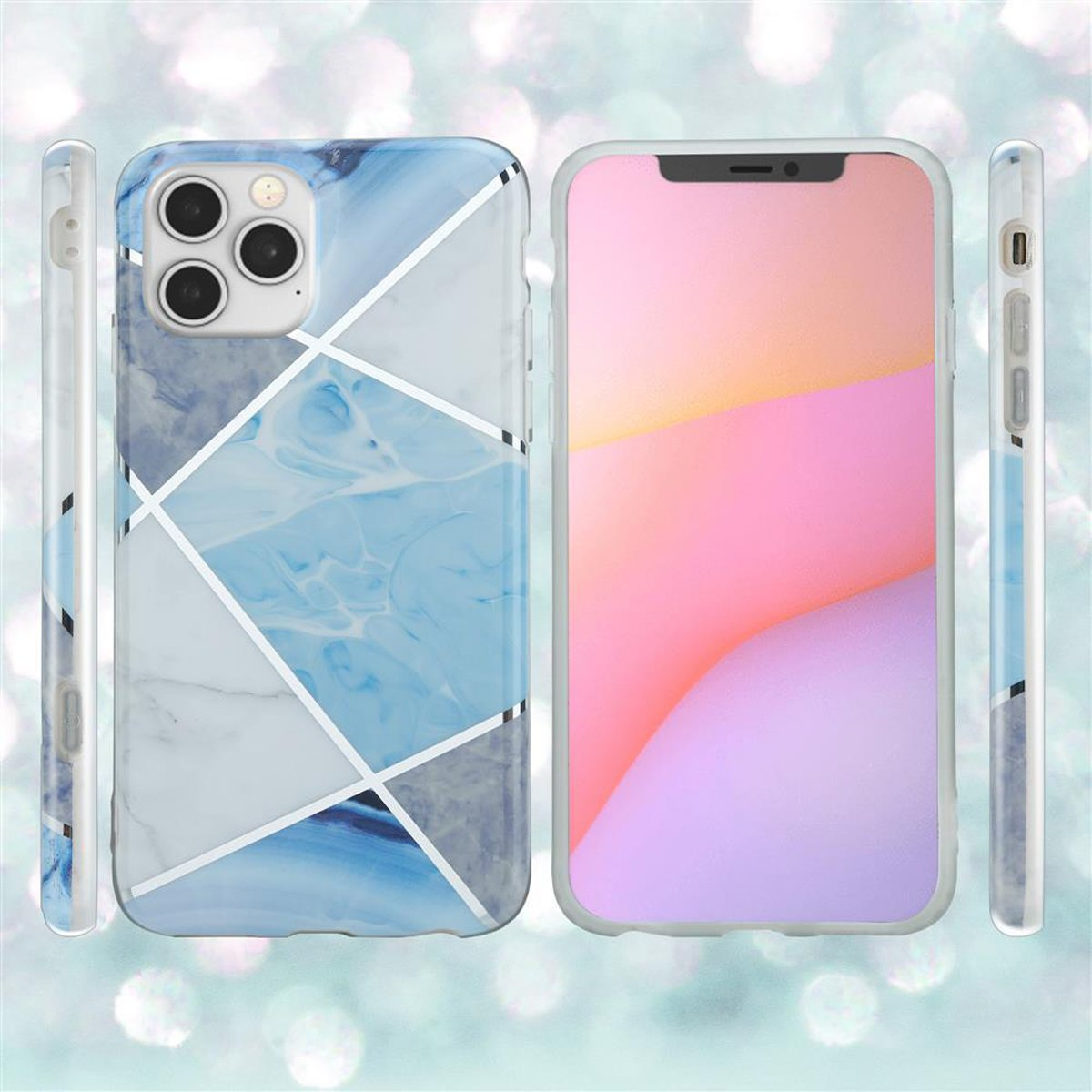 Un telefono in una custodia blu con un motivo marmorizzato e una custodia trasparente. Il telefono mostra uno schermo rosa.