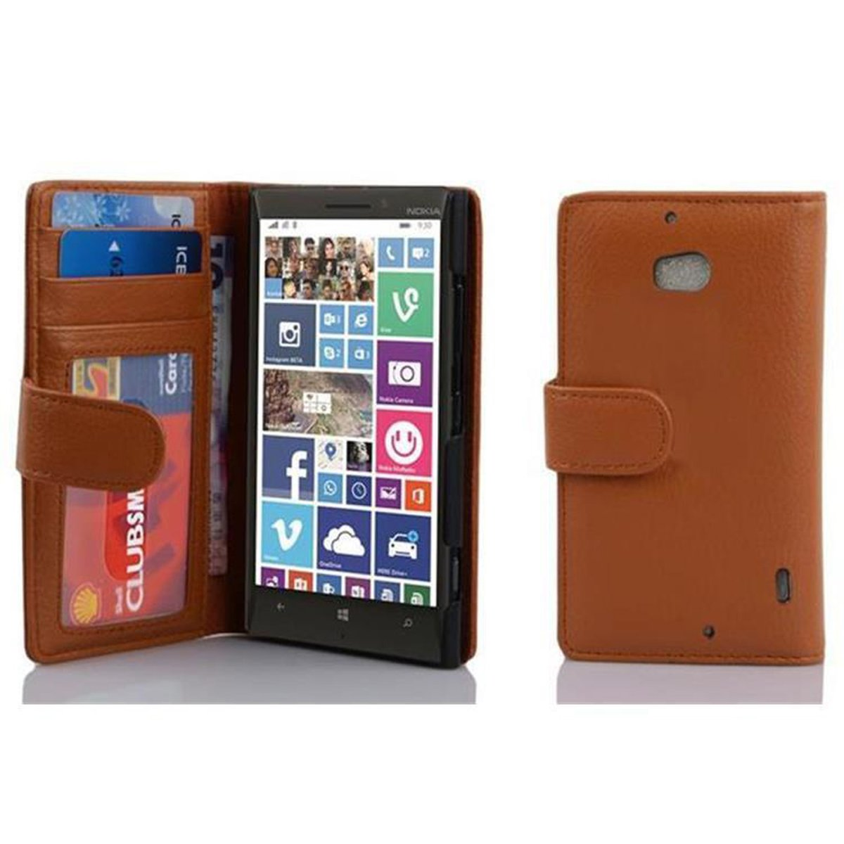 CADORABO Book Hülle Lumia mit Nokia, 930, BRAUN Bookcover, COGNAC / Kartenfach 929 Standfunktuon