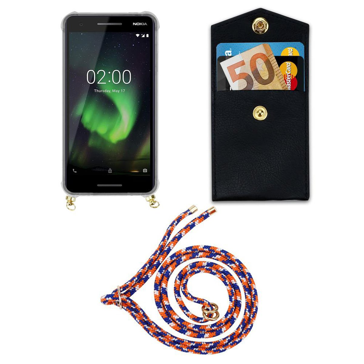 Handy Hülle, ORANGE und 2.1, BLAU WEIß Band Kordel abnehmbarer Nokia, Ringen, Gold Kette mit Backcover, CADORABO