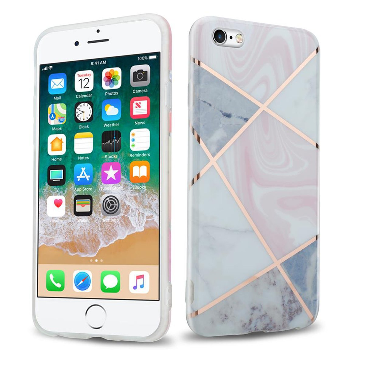 Weißes iPhone mit Hülle. Die Hülle hat ein Marmordesign mit rosa, grauen und goldenen Linien. Telefonbildschirm sichtbar.
