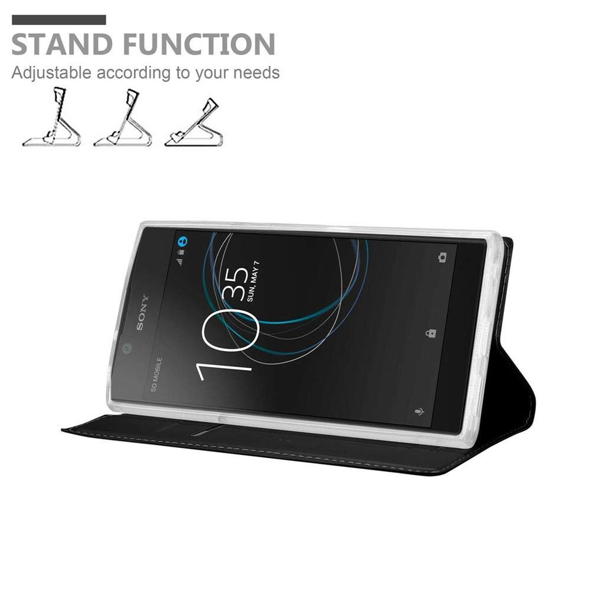 Telefono nero in una custodia con aletta aperta che mostra lo schermo. Testo: 'Stand Function'.
