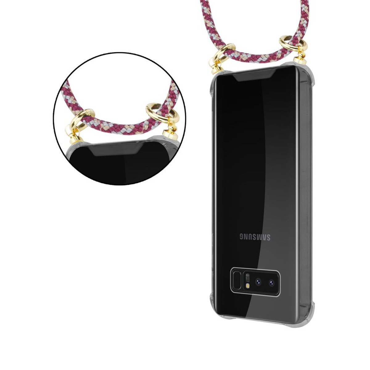 CADORABO Handy Kette mit Samsung, Band abnehmbarer Hülle, Backcover, Galaxy GELB Kordel und 8, ROT Ringen, Gold WEIß NOTE