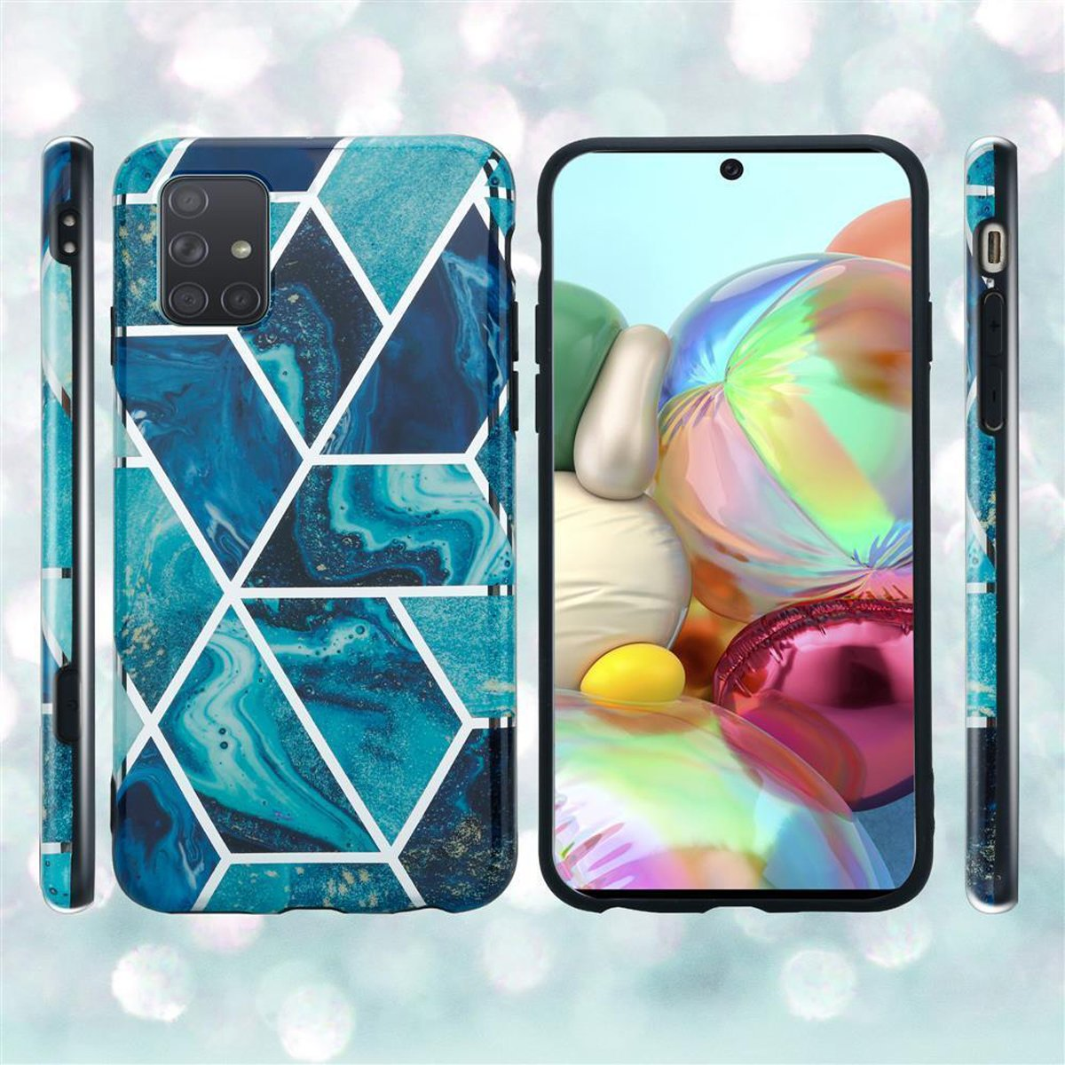 Tre viste di un telefono in una custodia geometrica blu. Il telefono è su uno sfondo chiaro con brillantini.