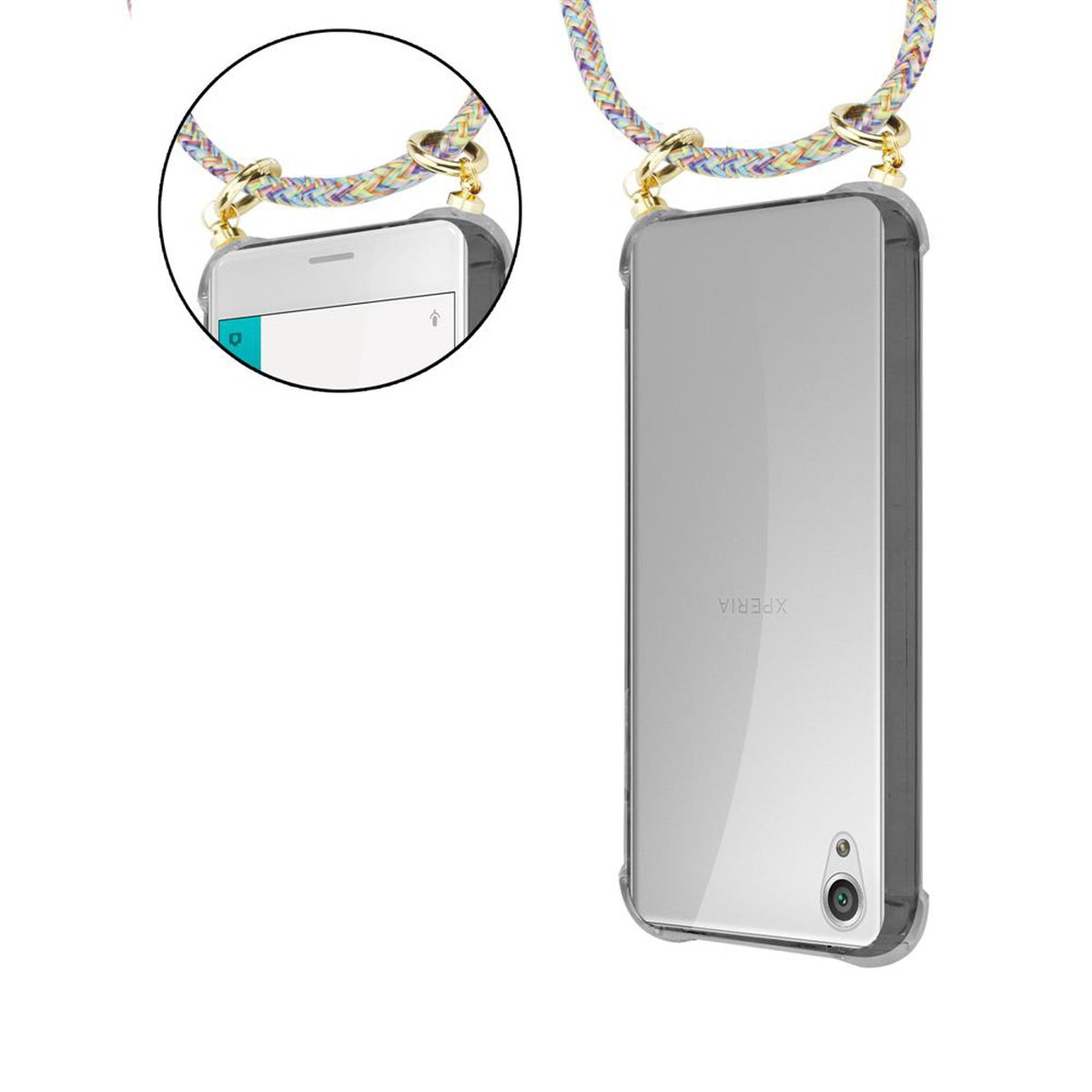 CADORABO Gold Kordel mit Backcover, Kette X, abnehmbarer und Ringen, Handy RAINBOW Hülle, Xperia Sony, Band