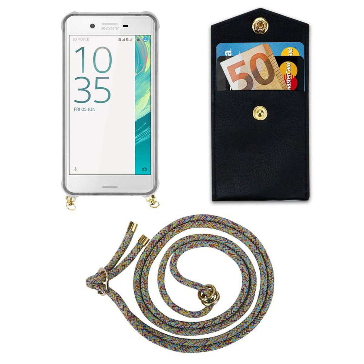 CADORABO Handy Kette mit Backcover, und X, Kordel Hülle, Ringen, Band RAINBOW Xperia Gold Sony, abnehmbarer