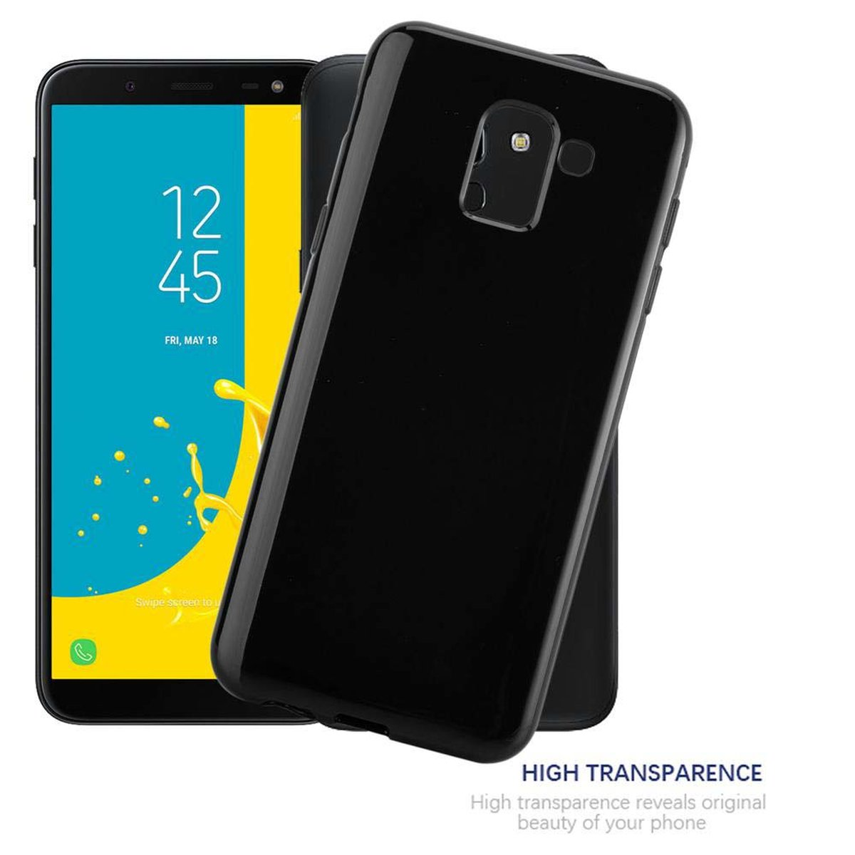 Schwarze Handyhülle mit einem schwarzen Telefon darin. Das Telefon zeigt einen gelben Bildschirm.
