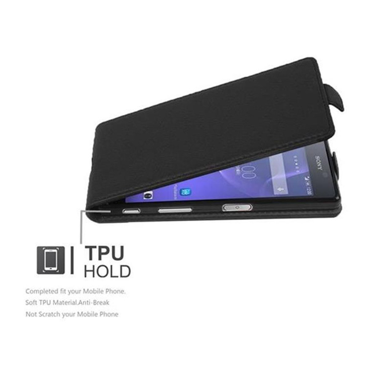 Schwarze Handyhülle mit Handy darin. Text: TPU HOLD.