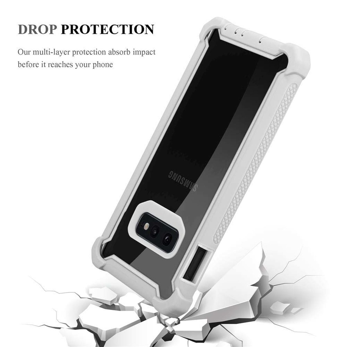 Weiße Handyhülle, mit Text „DROP PROTECTION“ oben und weißen Fragmenten.