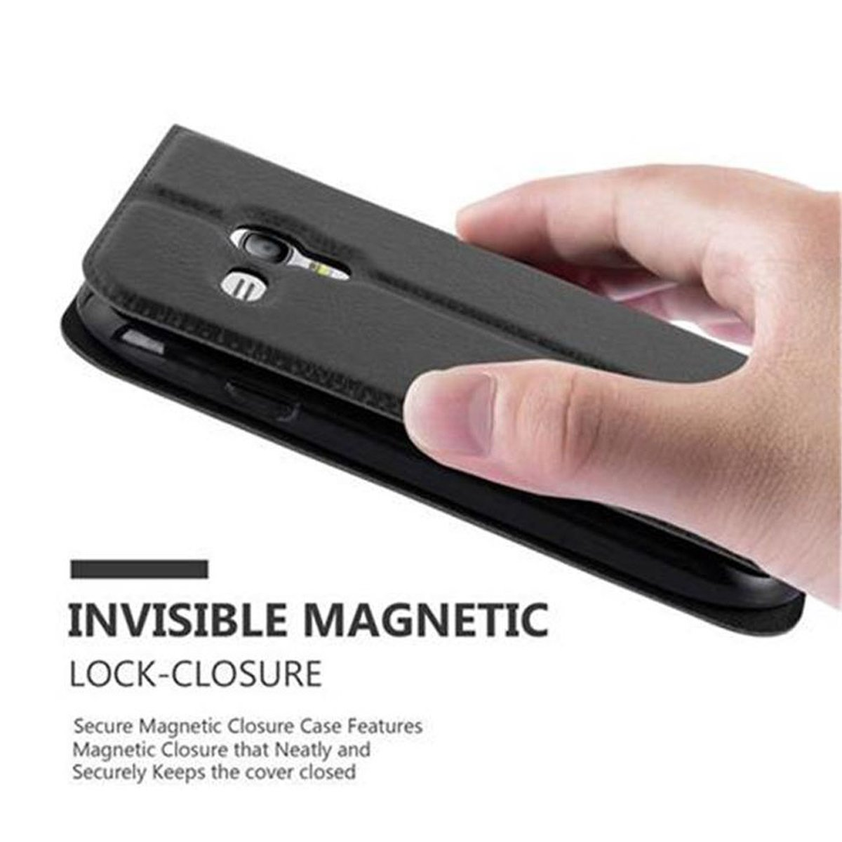 Mano che tiene una custodia nera per telefono, testo 'INVISIBLE MAGNETIC LOCK-CLOSURE' su sfondo bianco.