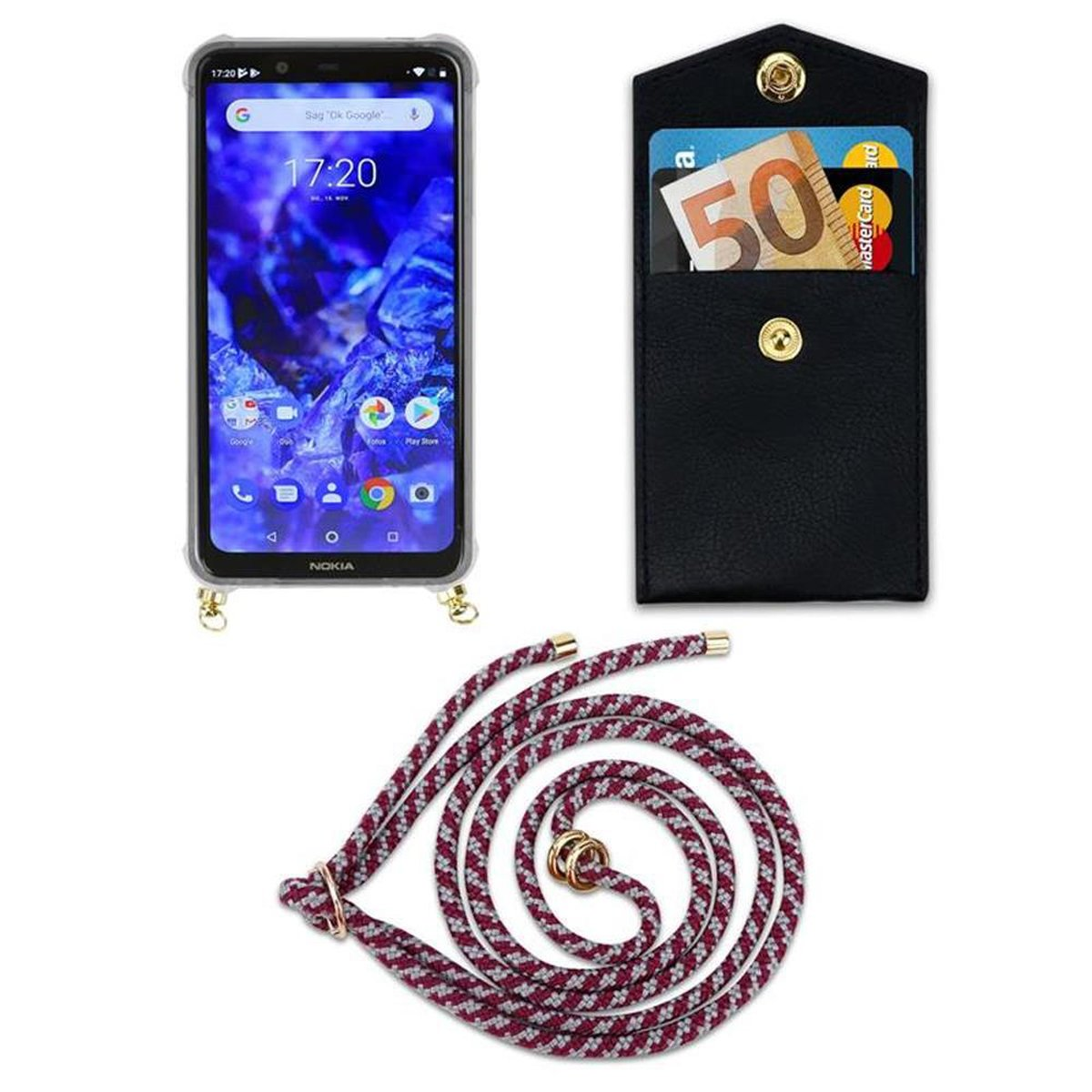 Hülle, Handy Backcover, / PLUS Band und abnehmbarer Kordel Gold Ringen, CADORABO X5, 5.1 mit ROT WEIß Kette Nokia,