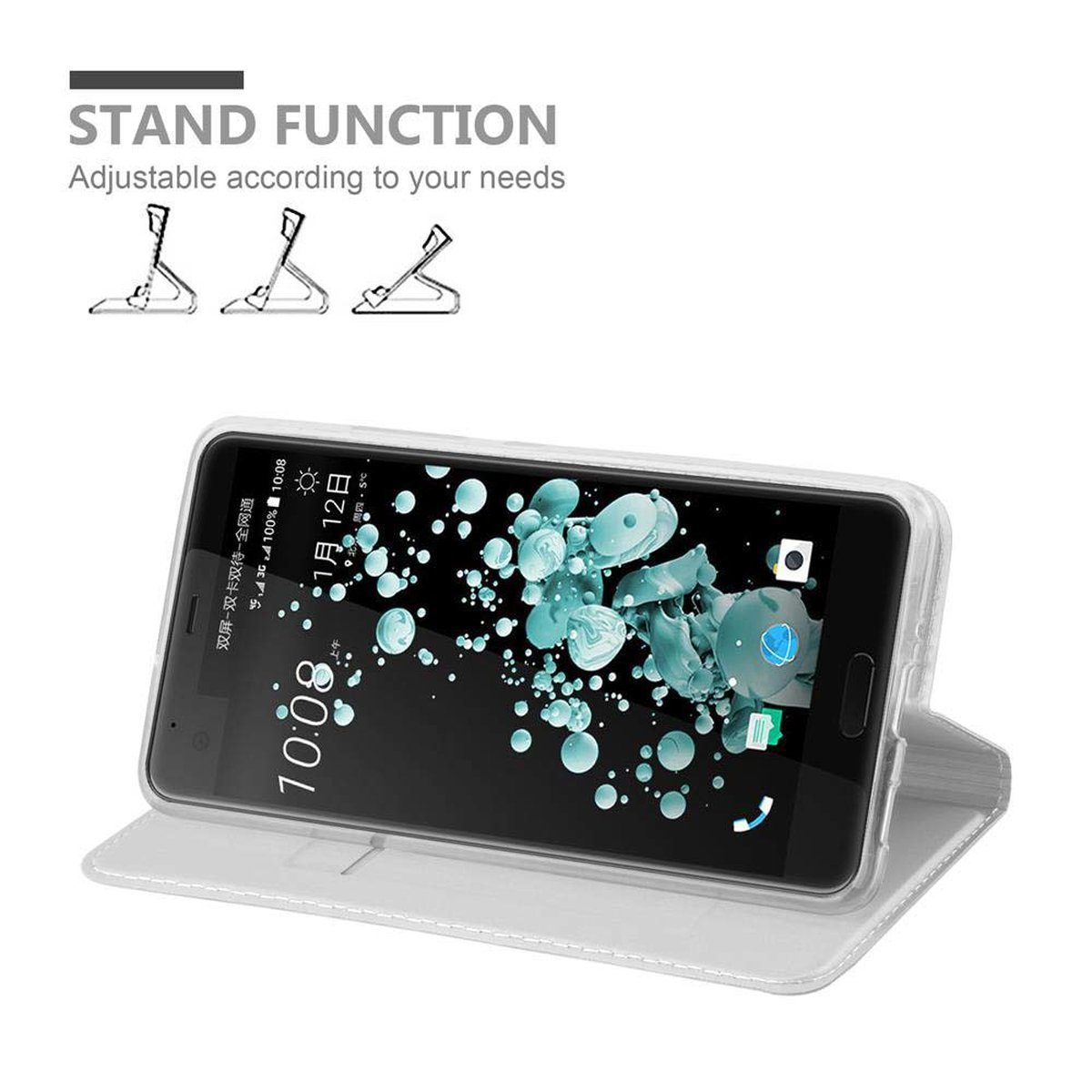Telefono in custodia bianca, mostra ora e data. Testo in alto: 'Funzione supporto'.