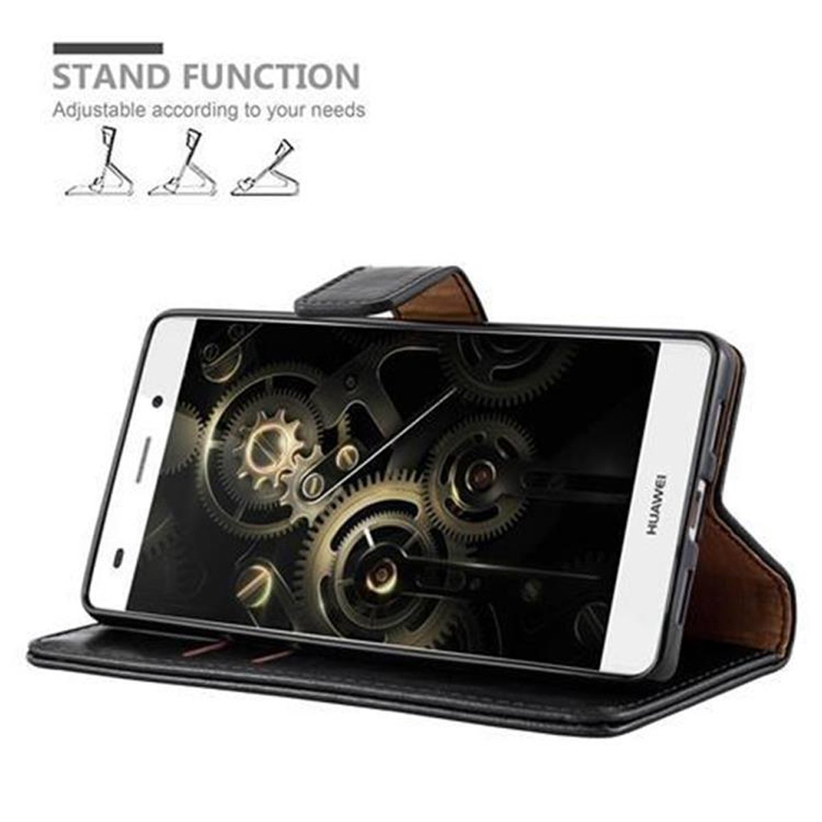Teléfono en funda negra, apoyado. La funda está abierta, mostrando el teléfono, con texto.