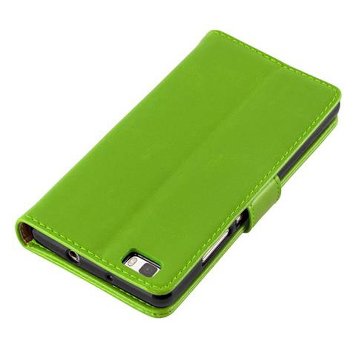 Funda de teléfono verde, abierta, mostrando el teléfono dentro. La funda tiene un cierre magnético.