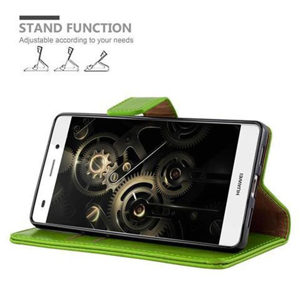Funda de teléfono verde con teléfono dentro. Se muestra la función de soporte. El teléfono muestra engranajes.