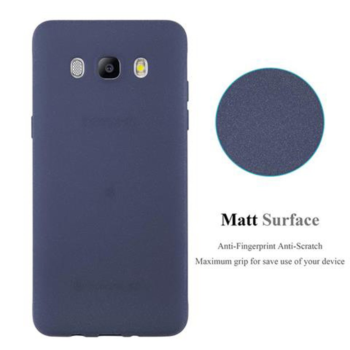 Funda de teléfono azul con superficie mate y un círculo a la derecha. La información del producto está a la derecha.