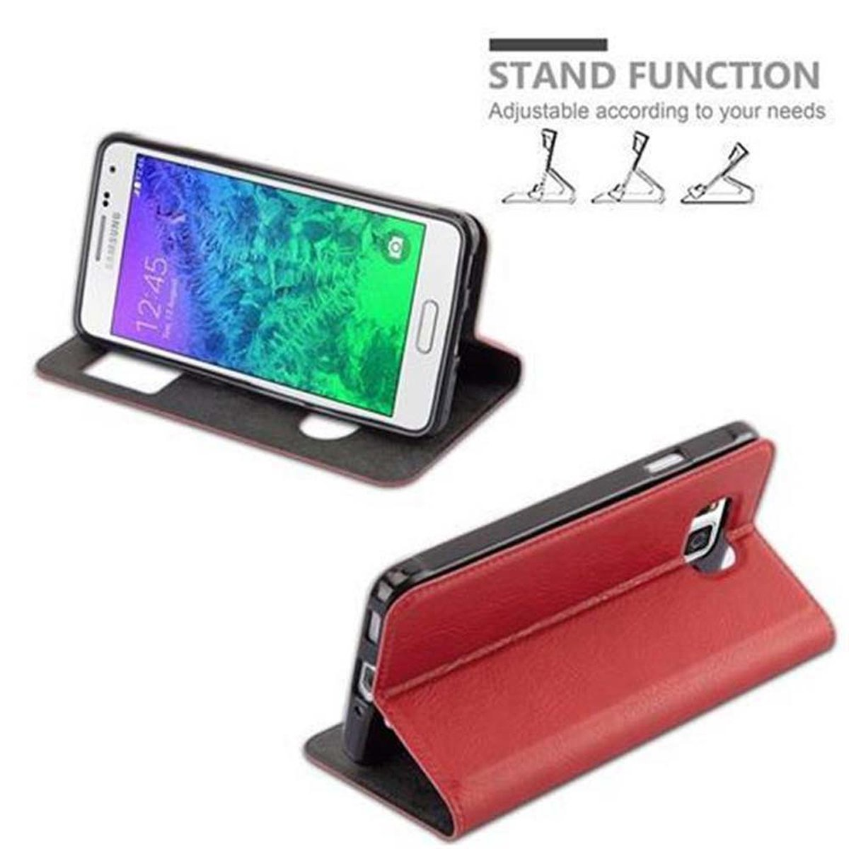 Funda de teléfono abierta con teléfono. Texto: Función de soporte. Funda roja y negra.