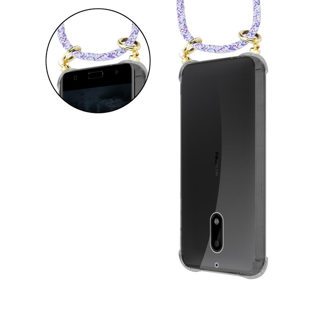 Telefon in einer durchsichtigen Hülle, mit einem Lanyard. Das Lanyard ist lila und weiß.