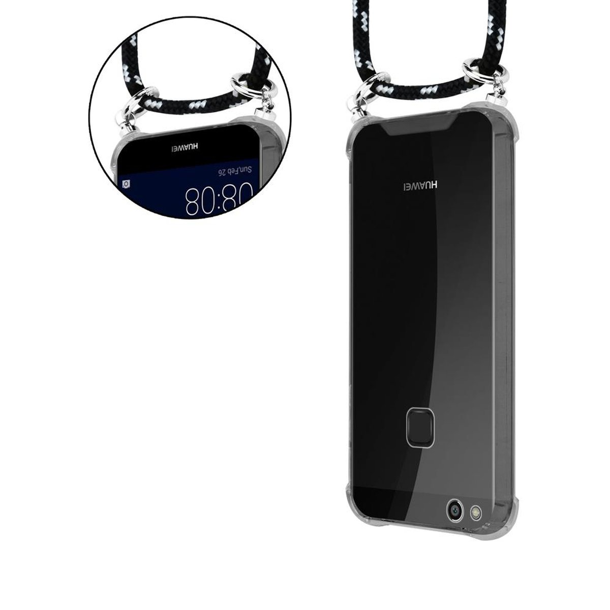 CADORABO Handy P10 Kordel SCHWARZ LITE, und abnehmbarer Huawei, Hülle, Backcover, Silber Band Ringen, mit SILBER Kette