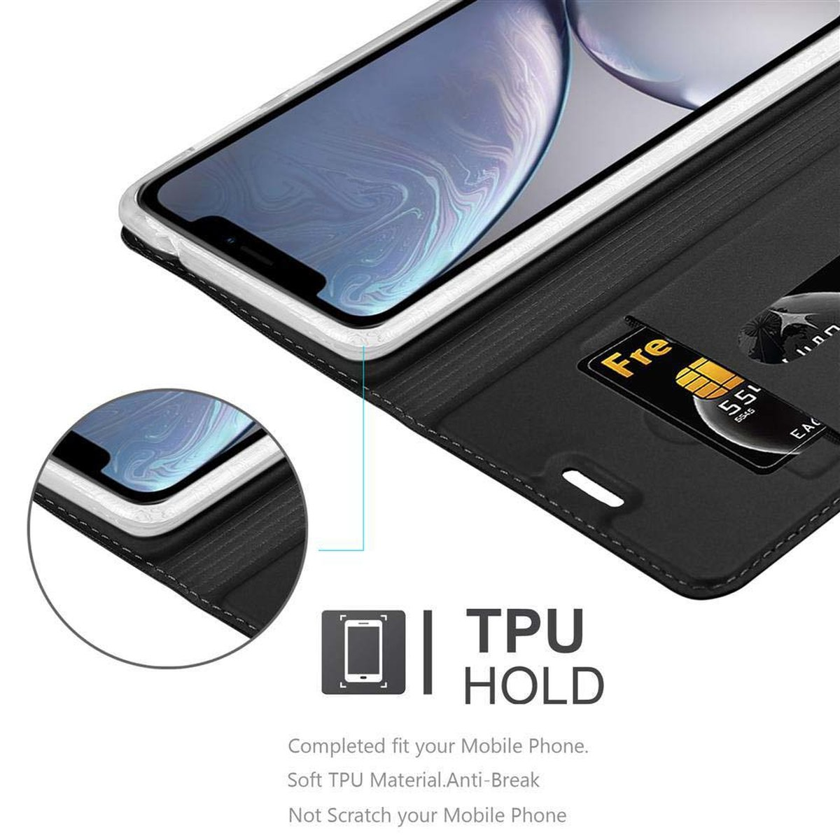 Telefono nero in una custodia, con slot per schede. Mostra TPU HOLD.