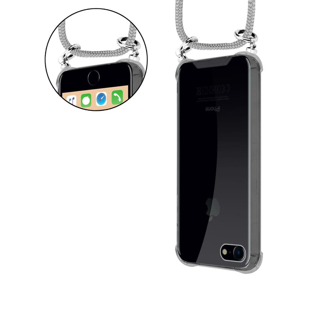 iPhone nero con custodia trasparente e cinturino. Lo schermo mostra le icone. Il cinturino è grigio.