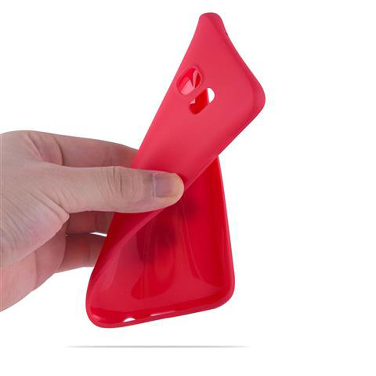 Una mano sosteniendo una funda roja, curvada y abierta para mostrar el teléfono.