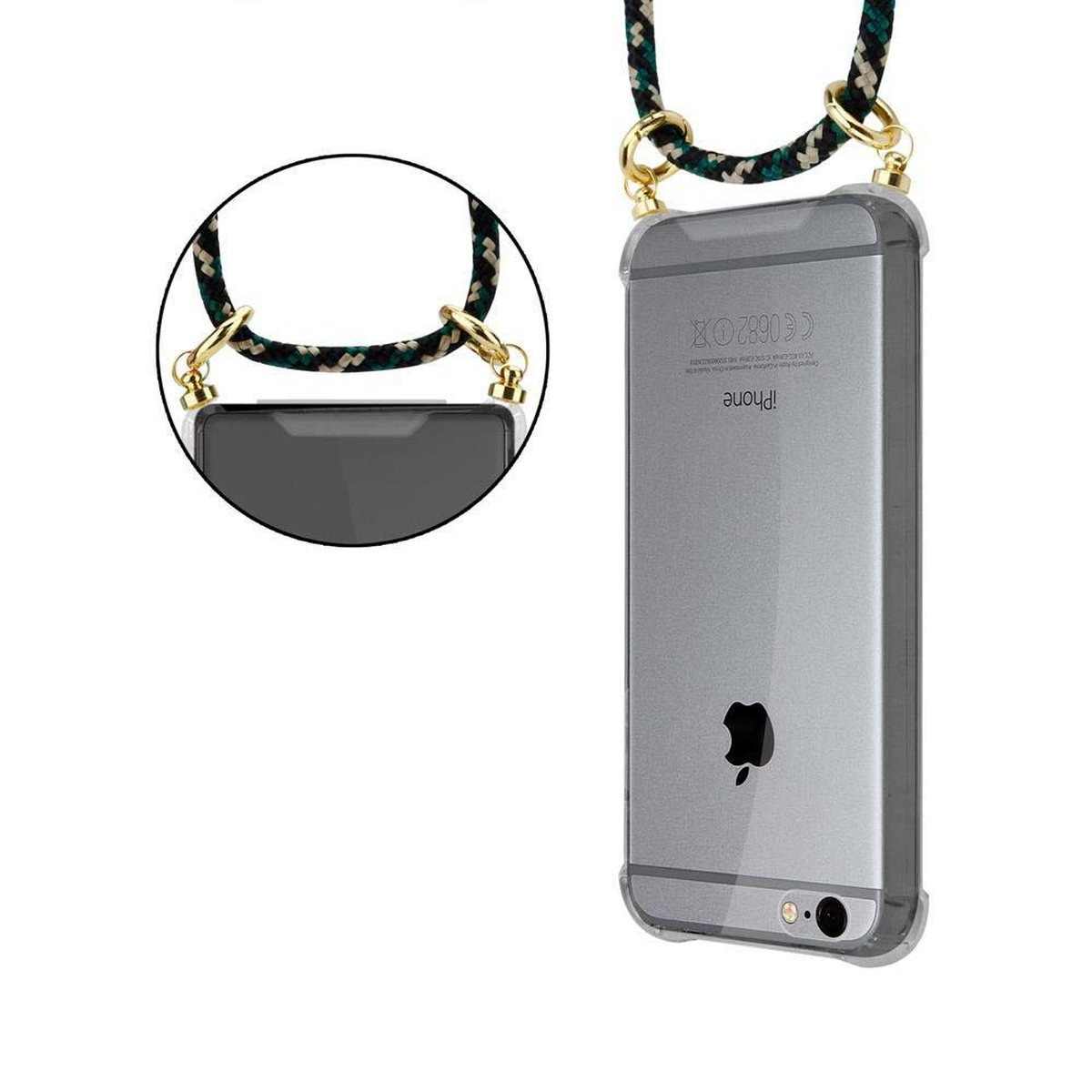 CADORABO Handy Kette mit abnehmbarer Backcover, / 6S, Hülle, Ringen, iPhone CAMOUFLAGE 6 Apple, Gold und Band Kordel