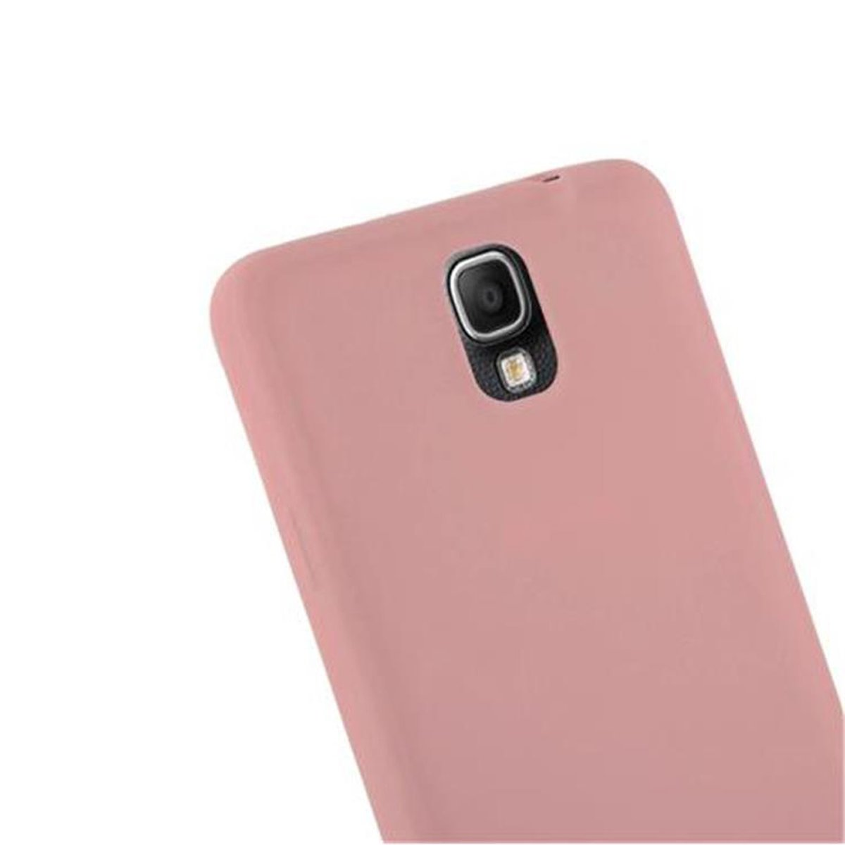 Primer plano de una funda de teléfono rosa con cámara en la parte trasera.