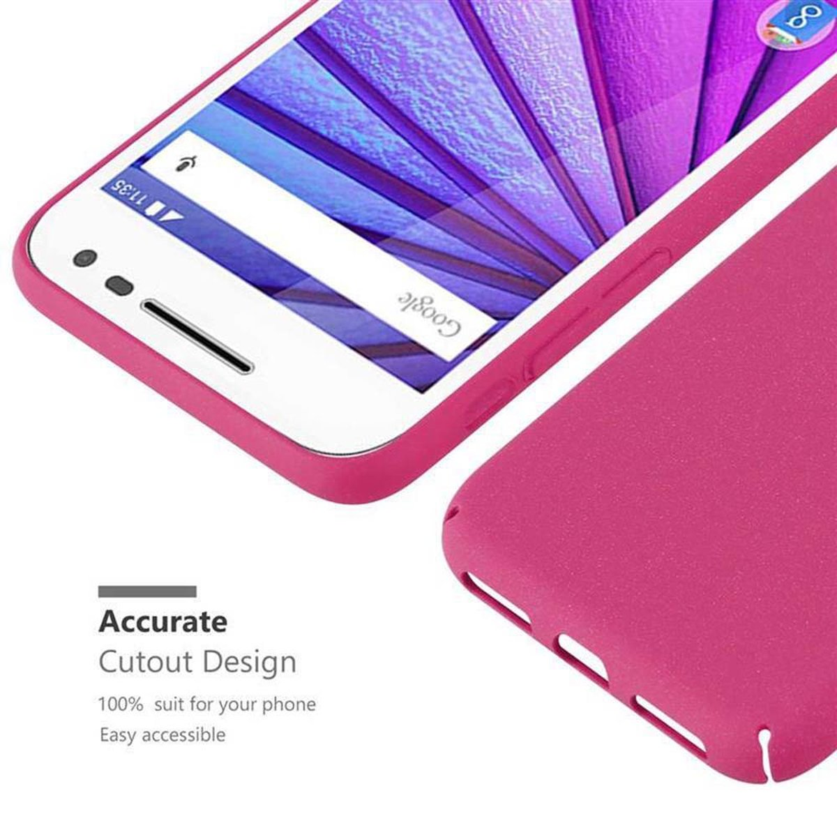 Telefono rosa con schermo acceso e custodia rosa. Il testo Accurate Cutout Design è visibile.