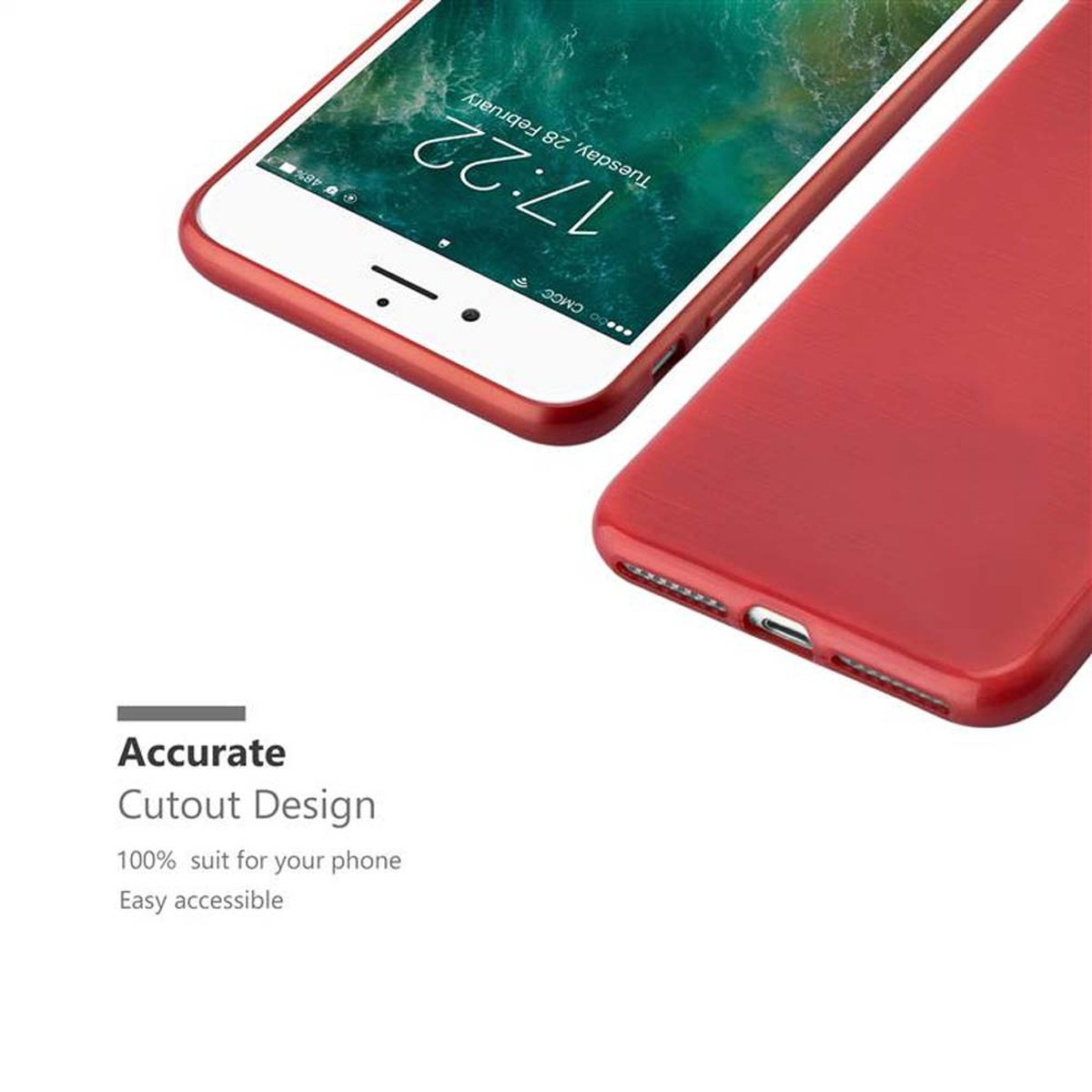 Se muestran dos fundas rojas para teléfono. Una tiene el teléfono dentro. La segunda funda está vacía y abierta.